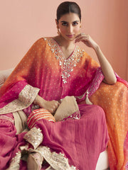 Embroidered Gota and Mirror Work Silk Palazzo Salwar Suit In Cream and Pink Colour