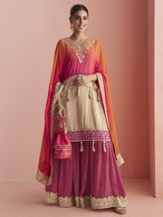 Embroidered Gota and Mirror Work Silk Palazzo Salwar Suit In Cream and Pink Colour