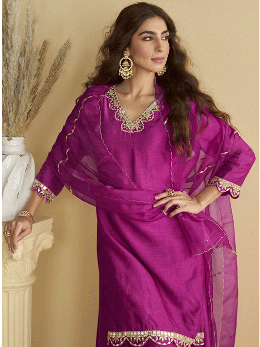 Rani Pink Silk Embroidered Gota Work Palazzo Suit Festive Wear