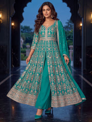 Turquoise Slit Anarkali Style Wedding Palazzo Suit
