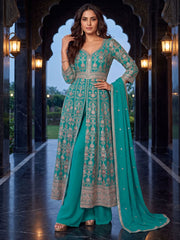 Turquoise Slit Anarkali Style Wedding Palazzo Suit