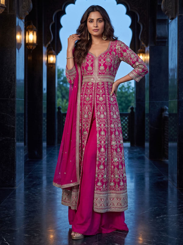 Pink Slit Anarkali Style Wedding Palazzo Suit