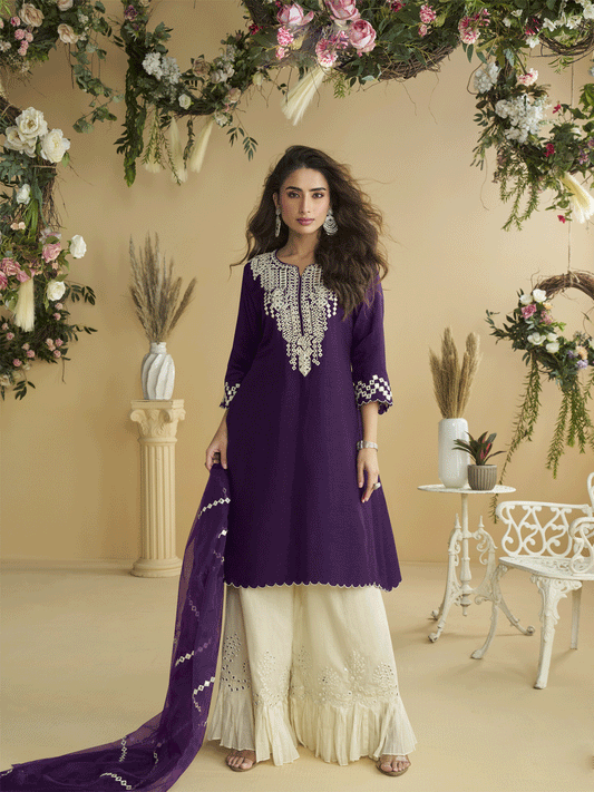 Deep Purple Silk Embroidered Gota Work Palazzo Suit Festive Wear
