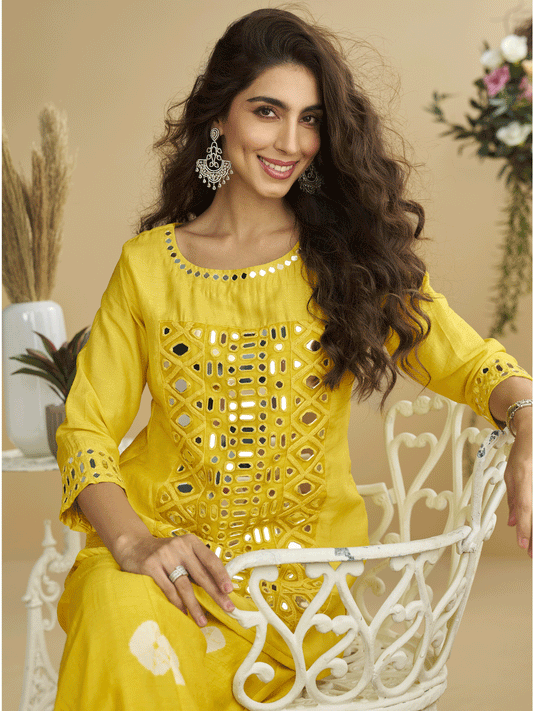 Yellow Real Silk Mirror Embroidered Kurta Palazzo Set for Women