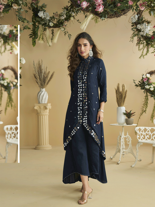 Navy Blue Real Silk Mirror Work Kurta Palazzo Set for Women