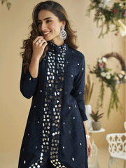 Navy Blue Real Silk Mirror Work Kurta Palazzo Set for Women