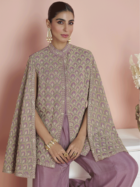 Pastel Purple Chinon Silk Sequins Embroidered Zari Indowestern Set and Suit Festive Wear