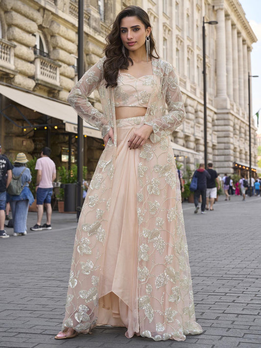 Indo Western Peach Jacket and Dhoti Style Dress