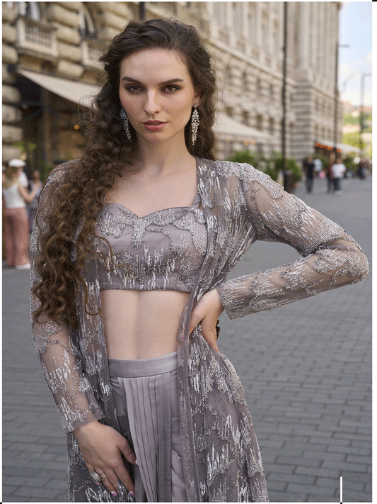 Grey Embroidered Work Crepe Silk Readymade Salwar Suit