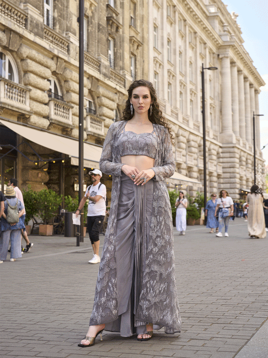 Grey Embroidered Work Crepe Silk Readymade Salwar Suit