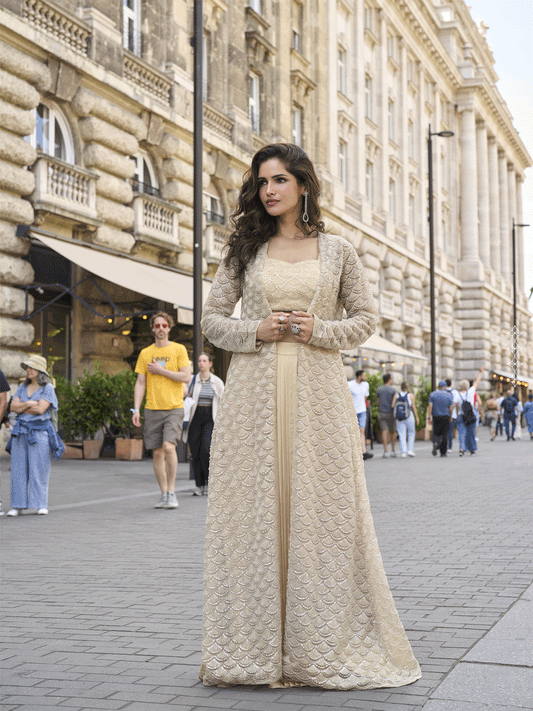 Embroidered Work Crepe Silk Salwar Suit In Cream