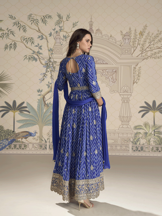 Blue Chinon Embroidered, Print and Sequins Work Pant Style Suit