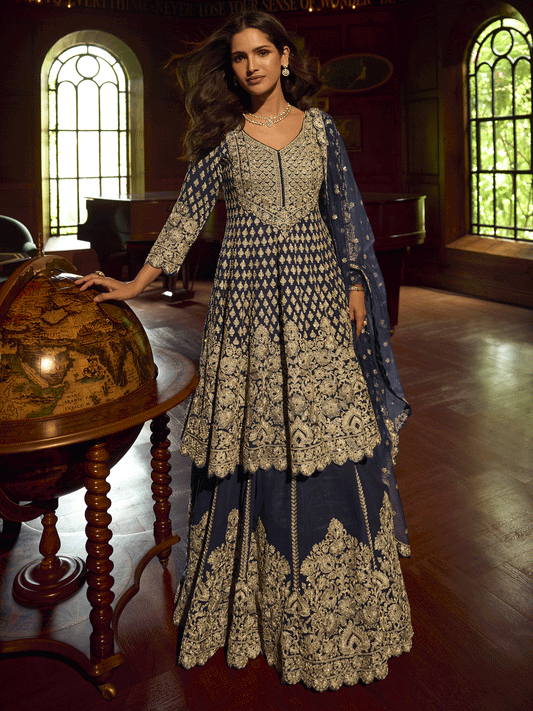 Blue Georgette with Mirror Work Lehenga Style Suit