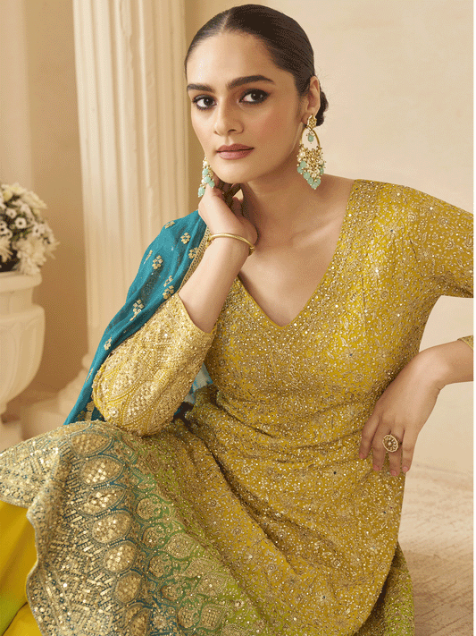 Yellow Multi Embroidered Function Wear Palazzo Suit