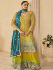 Yellow Multi Embroidered Function Wear Palazzo Suit
