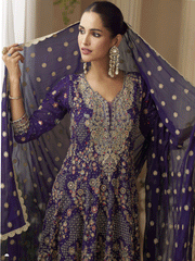 Deep Purple Georgette Zarkan Stone Embroidered Sequins A Line Palazzo Suit Wedding Wear