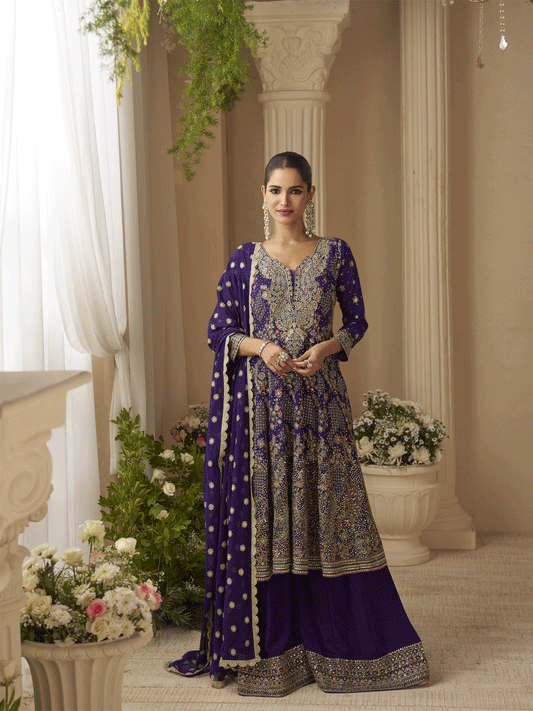 Deep Purple Georgette Zarkan Stone Embroidered Sequins A Line Palazzo Suit Wedding Wear