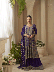 Deep Purple Georgette Zarkan Stone Embroidered Sequins A Line Palazzo Suit Wedding Wear