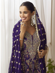 Deep Purple Georgette Zarkan Stone Embroidered Sequins A Line Palazzo Suit Wedding Wear