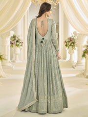 Sage Green Georgette Embroidered Sequins With Mirror Work Abaya Style Anarkali Gown