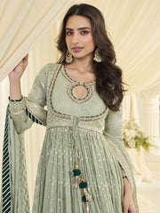 Sage Green Georgette Embroidered Sequins With Mirror Work Abaya Style Anarkali Gown