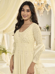 Cream Georgette Embroidered Sequins With Moti Work Abaya Style Anarkali Gown