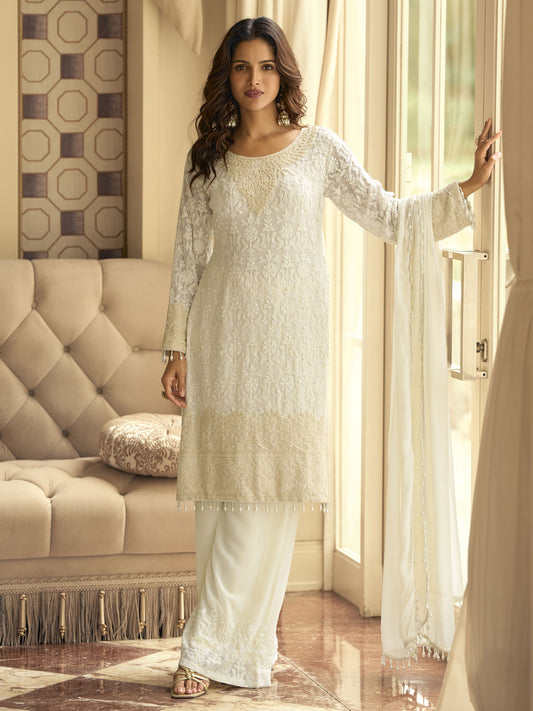 White Handwork Embroidery Palazzo Style Suit