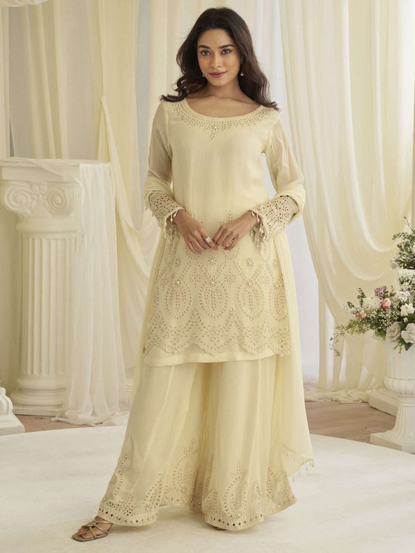 Cream Schiffli Embroidery Georgette Palazzo Suit