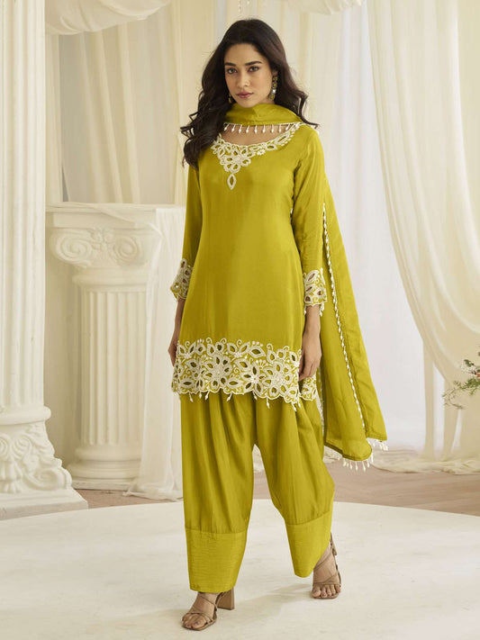 Lime Green Embroidery Farshi Shalwar Suit