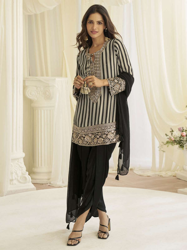 Black And White Embroidered Designer Tulip Pant Suit