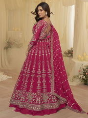 Embroidered Georgette Lehenga Style Suit in Fuchsia