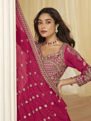 Embroidered Georgette Lehenga Style Suit in Fuchsia
