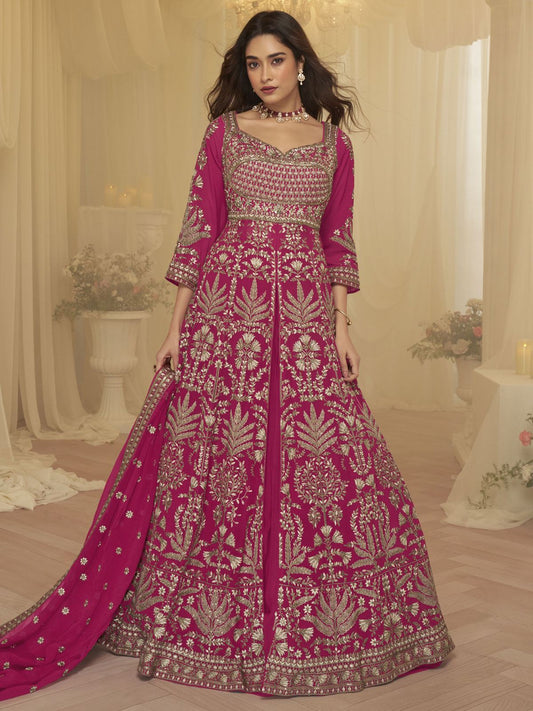 Embroidered Georgette Lehenga Style Suit in Fuchsia