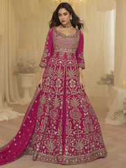 Embroidered Georgette Lehenga Style Suit in Fuchsia