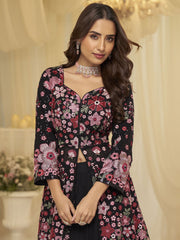 Embroidered Georgette Lehenga Style Suit in Black