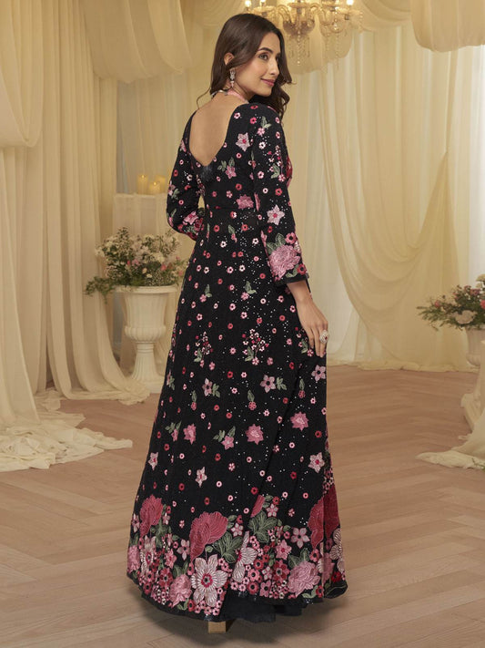 Embroidered Georgette Lehenga Style Suit in Black