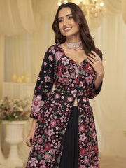 Embroidered Georgette Lehenga Style Suit in Black