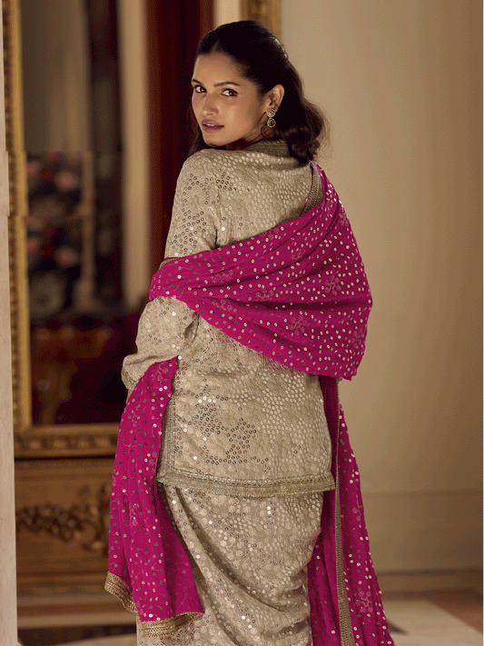 Premium Georgette Magenta Heavy Hand Embroidered Dhoti Set