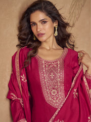 Rasoberry Pink Embroidered Silk Anarkali Gown with Dupatta