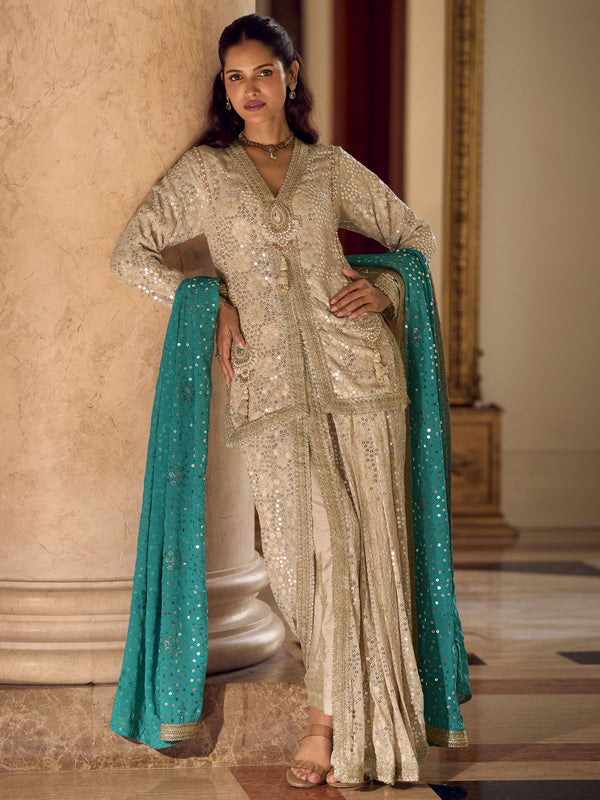 Wonderful Beige Georgette Dhoti Suit With Hand Embroidered Sequins