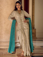 Wonderful Beige Georgette Dhoti Suit With Hand Embroidered Sequins