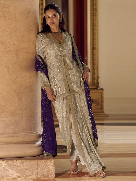 Fantastic Beige Georgette Hand Embroidered Sequins Dhoti Style Bottom