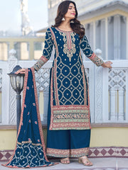 Blue Embroidered Partywear Palazzo-Suit
