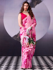 Pink Digital Print Satin Silk Saree