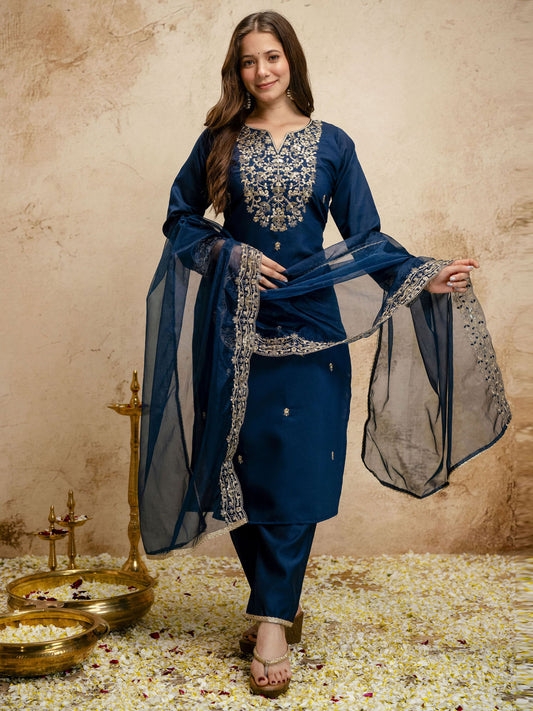 Navy Blue Designer Chanderi Cottan Partywear Kurta Set