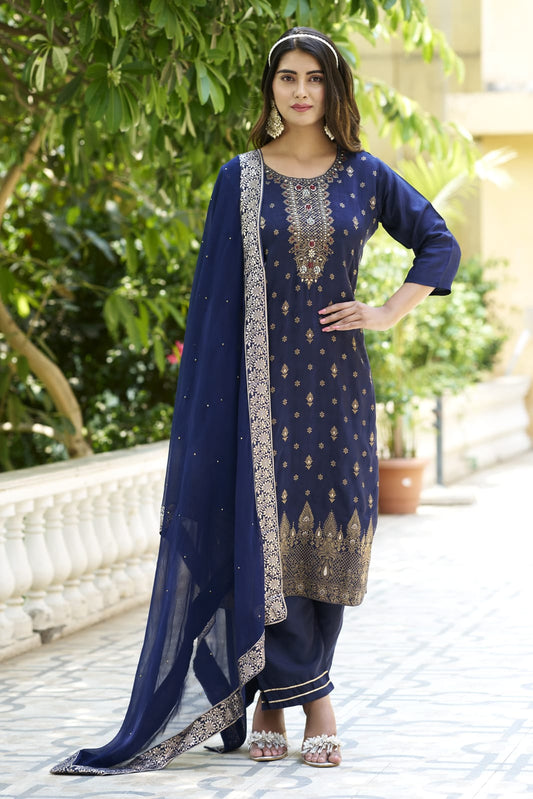 Navy Blue Zari Silk Trendy Salwar Kameez