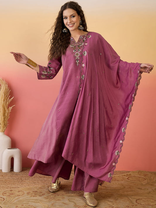 Embroidered Art Silk A Line Suit in Purple