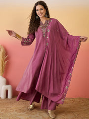 Embroidered Art Silk A Line Suit in Purple