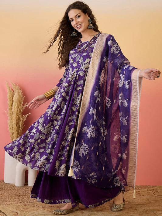 Silk Salwar Suit In Purple Color