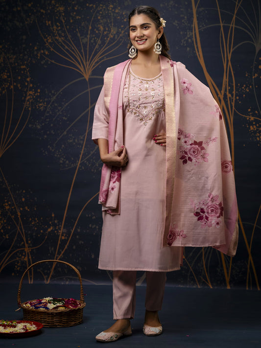 Women Pink Kurta and Pant Sets Simar Silk fabric